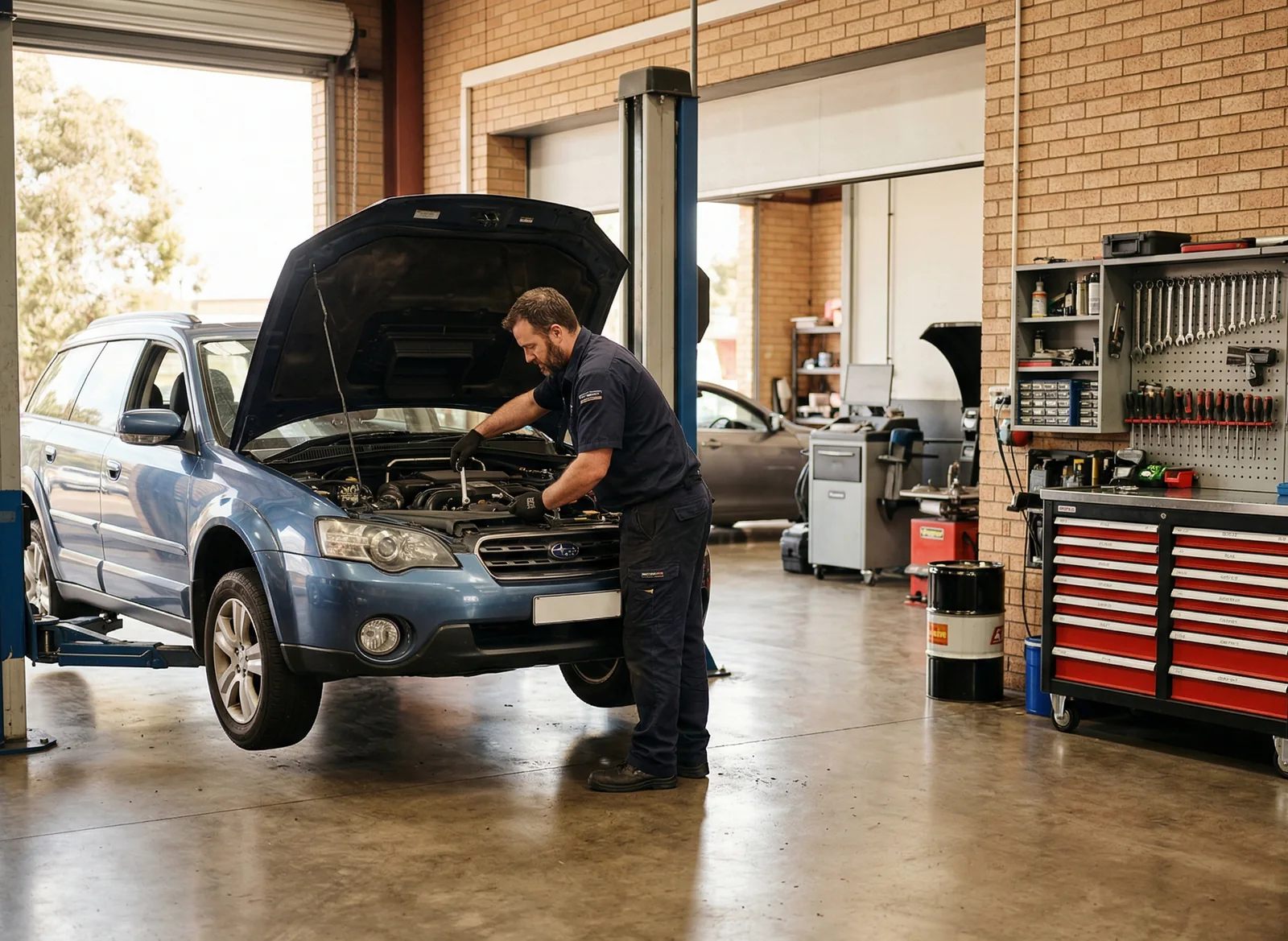Atölye ortamında servis aracı ve usta ekibi temsil eden görsel