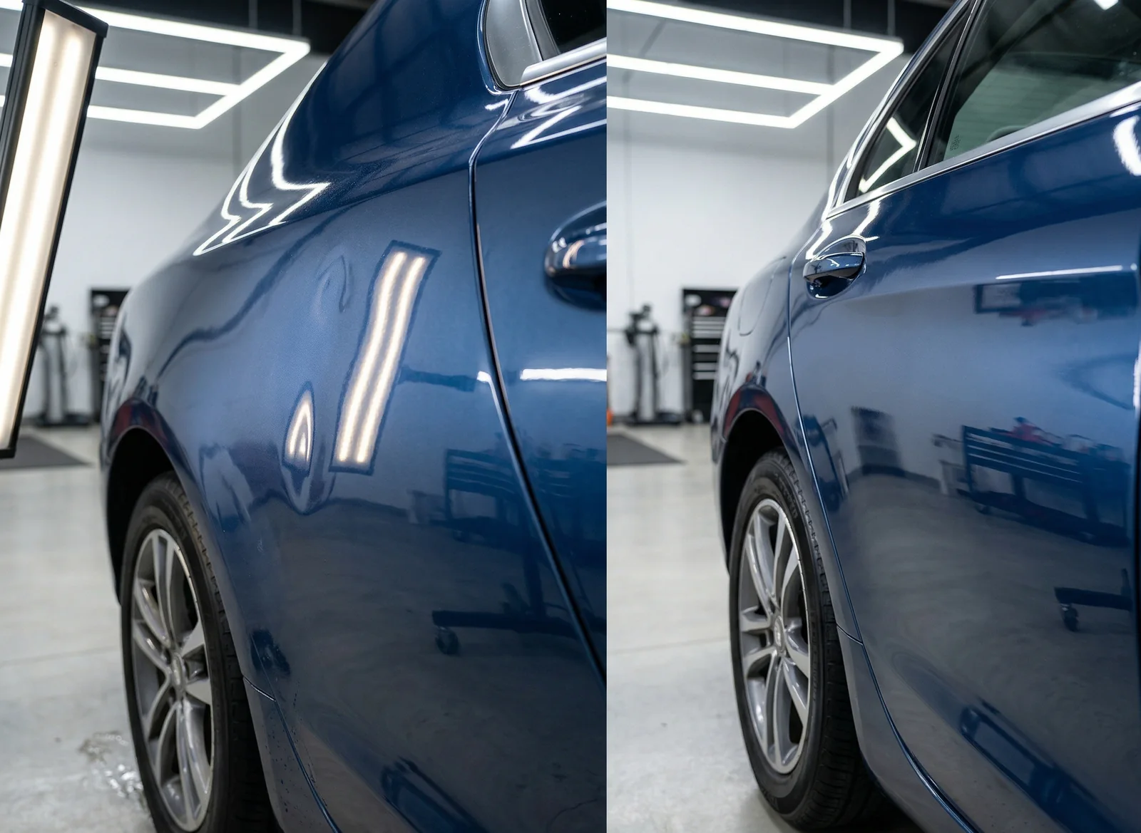 Araç kaportasında boyasız göçük düzeltme öncesi ve sonrası görünümü