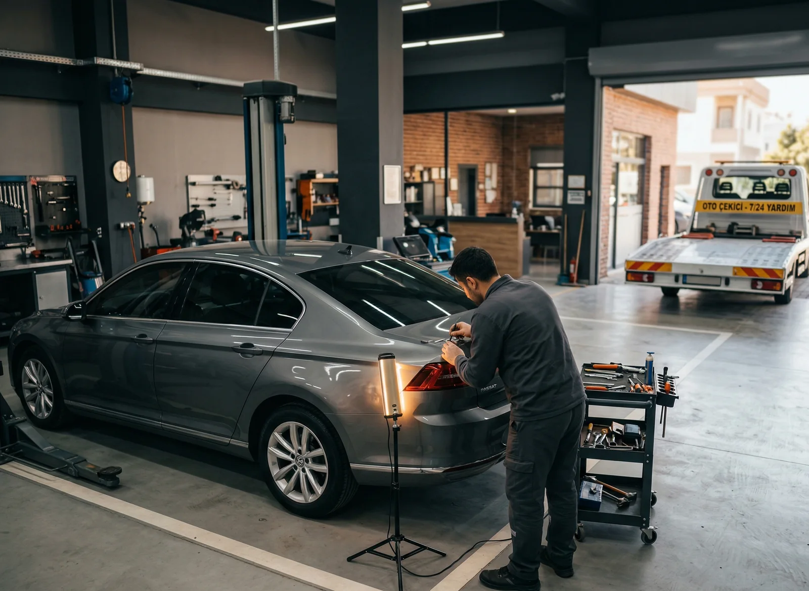 Boyasız göçük onarımı yapılan araç ve çekici hizmetini birlikte gösteren servis görseli