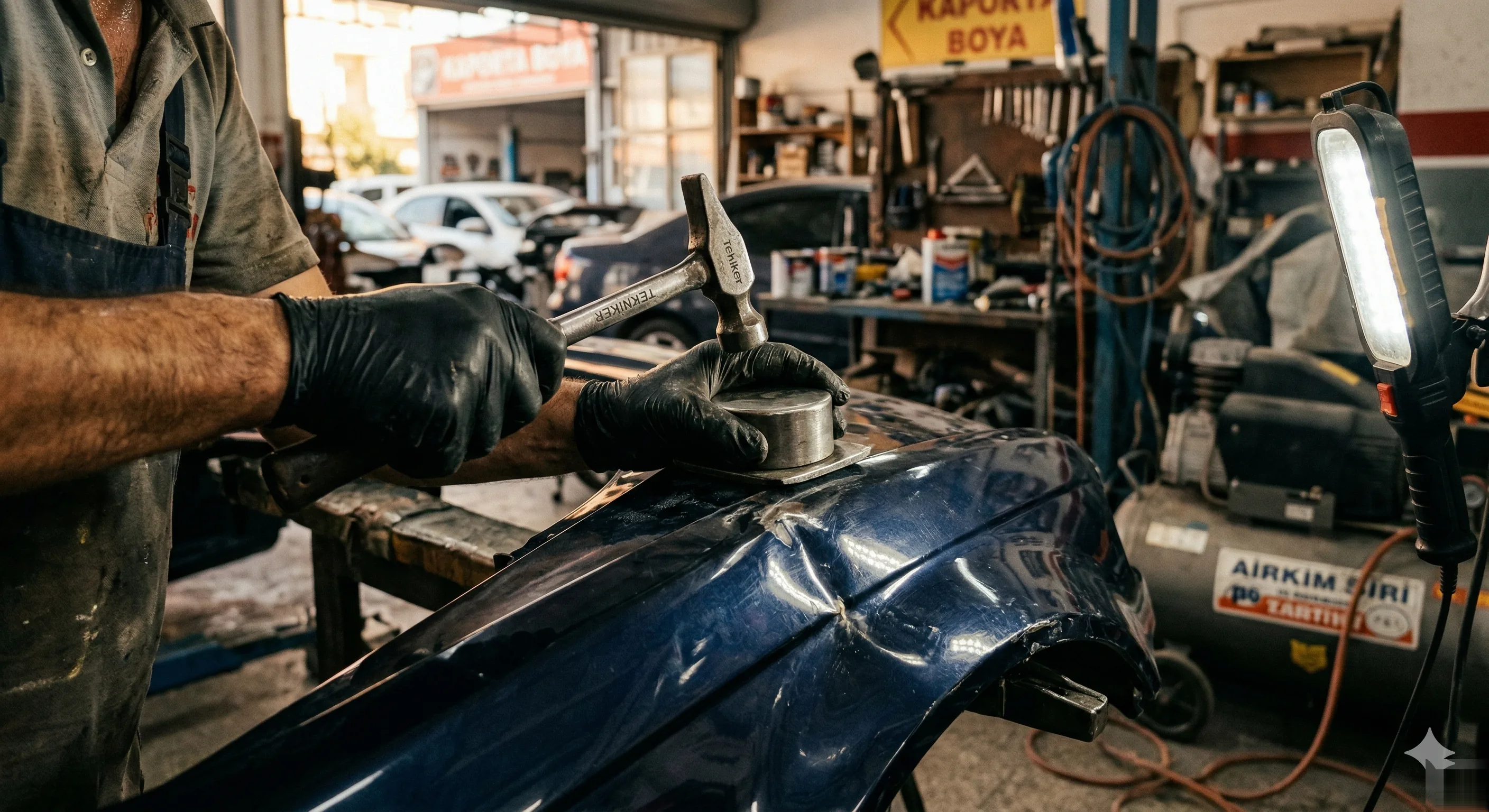 Alanya kaporta atölyesi — çekiçle gövde düzeltme çalışması