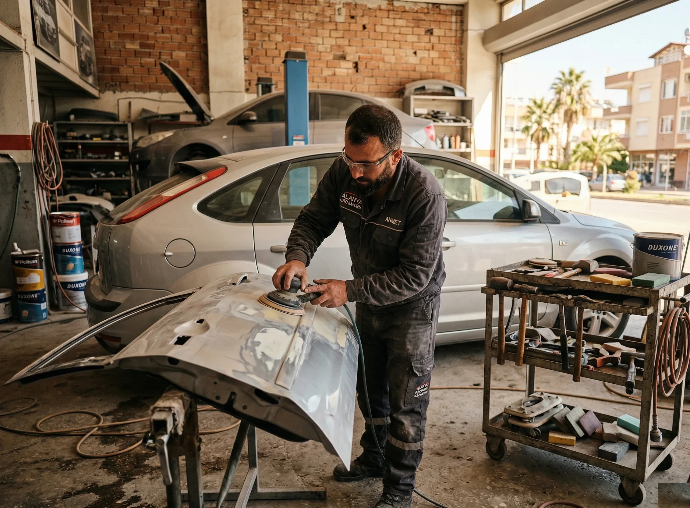 Alanya kaporta tamiri — usta araç gövdesini onarıyor