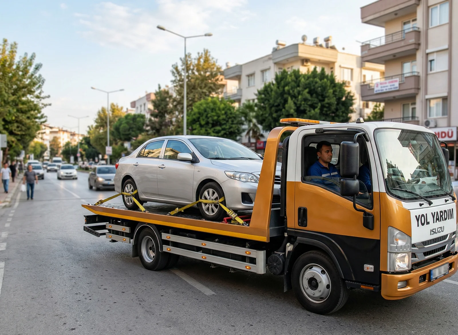 Platform çekici üzerinde güvenli şekilde taşınan araç görseli